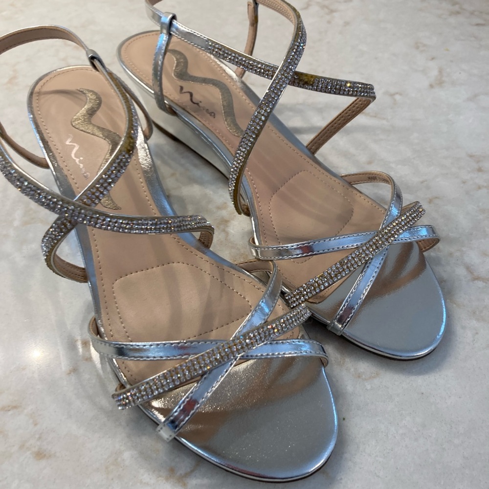 Elegant Silver Strappy Sandals by NINA low wedge heel